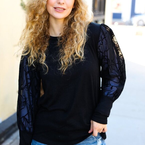 New Black Floral Mesh Bubble Sleeve Top - 1X, 2, & 3X - Picture 3 of 8